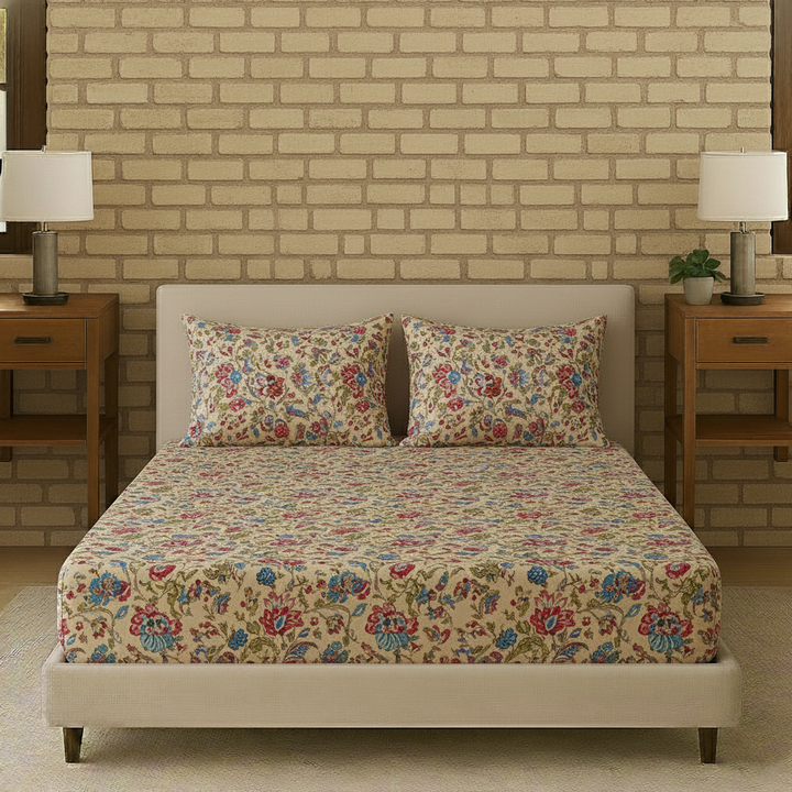 Cotton Printed Fitted Bedsheet with Pillow Covers (Malhaar 100% Cotton & 180 TC)