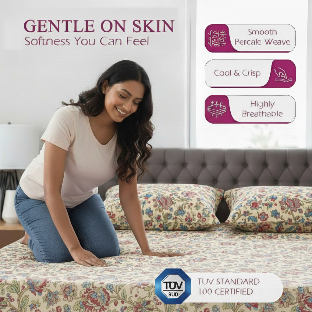 100% Cotton & 180 TC Cotton Printed Fitted Bedsheet with Pillow Covers (Malhaar )
