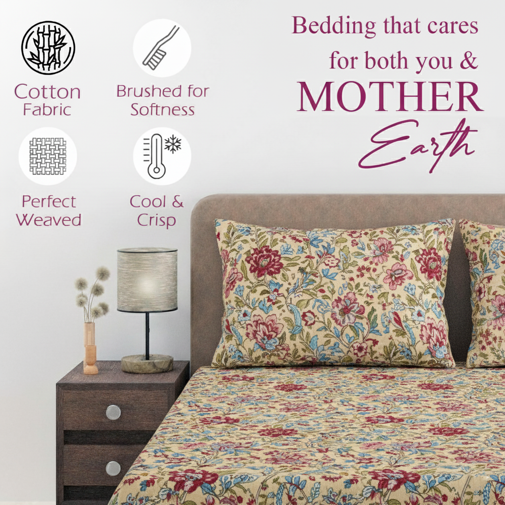 Cotton Printed Fitted Bedsheet with Pillow Covers (Malhaar 100% Cotton & 180 TC)