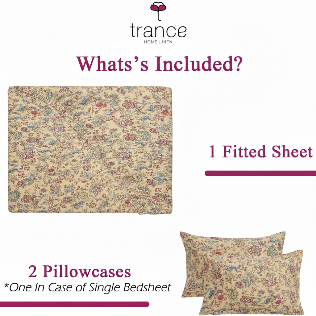 Cotton Printed Fitted Bedsheet with Pillow Covers (Malhaar 100% Cotton & 180 TC)