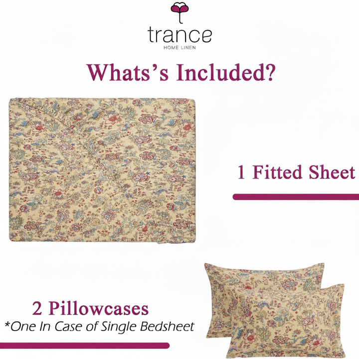 Cotton Printed Fitted Bedsheet with Pillow Covers (Malhaar 100% Cotton & 180 TC)