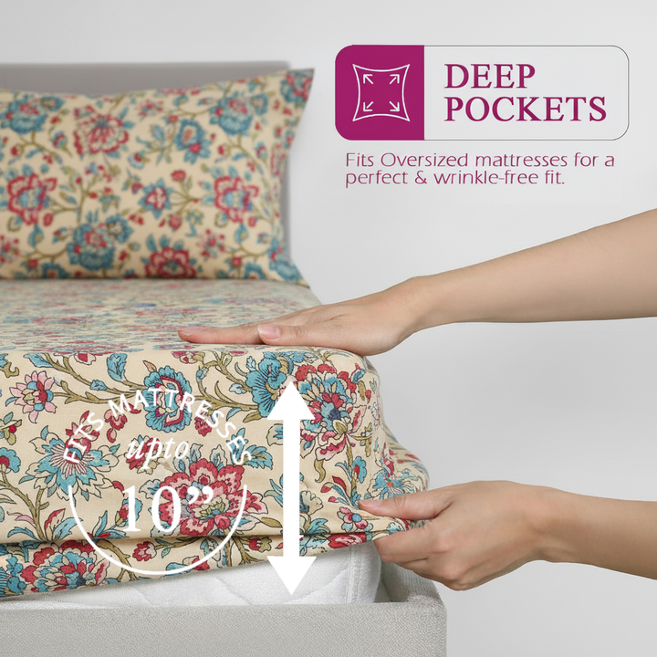 Cotton Printed Fitted Bedsheet with Pillow Covers (Malhaar 100% Cotton & 180 TC)