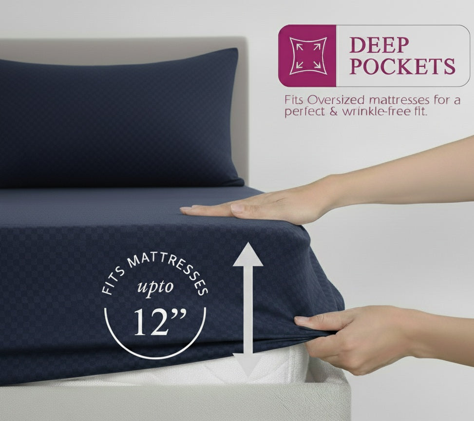 300TC 100% Cotton Jacquard Weave Fitted Bedsheet with Pillow Covers - Mediterranean Blue