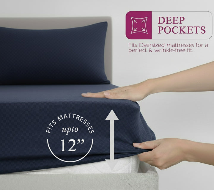 300TC 100% Cotton Jacquard Weave Fitted Bedsheet with Pillow Covers - Mediterranean Blue