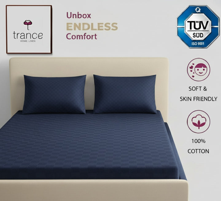 300TC 100% Cotton Jacquard Weave Fitted Bedsheet with Pillow Covers - Mediterranean Blue