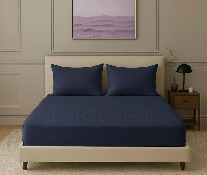 300TC 100% Cotton Jacquard Weave Checks Single Fitted Bedsheet with Pillow Cover