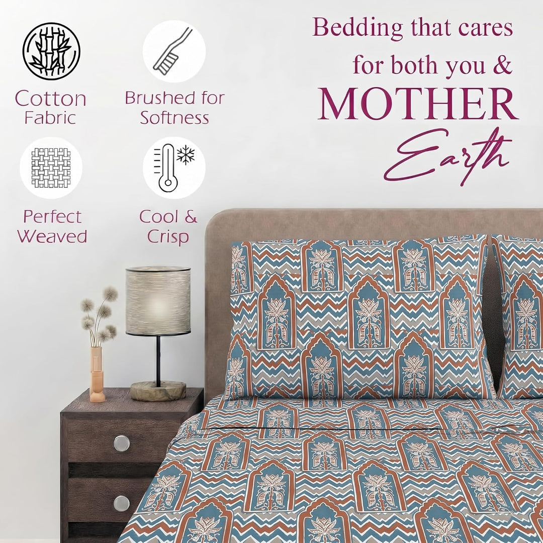 100% Cotton 144TC Printed Fitted Bedsheet with Pillow Covers- Mihrab Collection