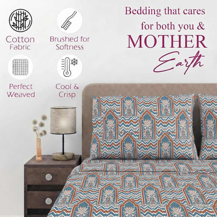 100% Cotton 144TC Printed Fitted Bedsheet with Pillow Covers- Mihrab Collection