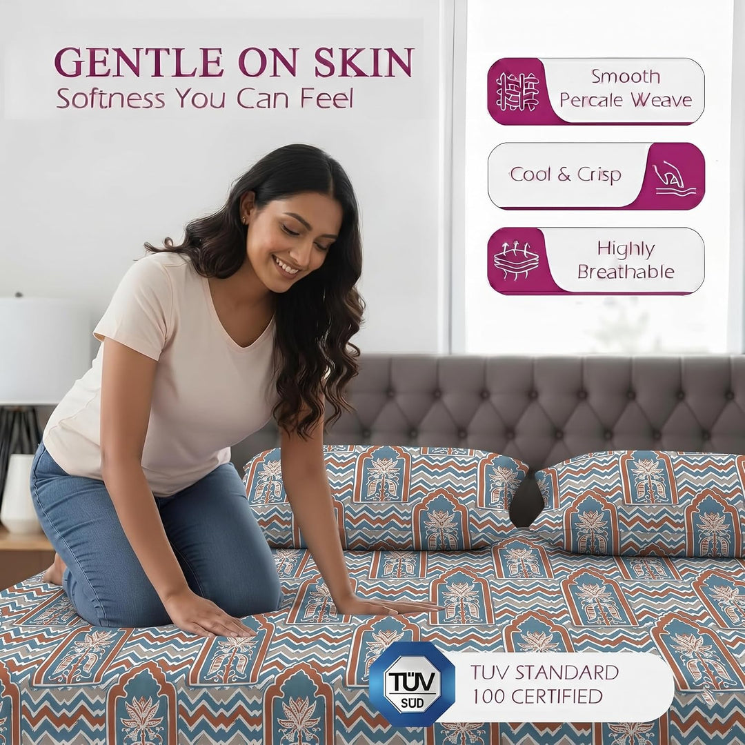 100% Cotton 144TC Printed Fitted Bedsheet with Pillow Covers- Mihrab Collection
