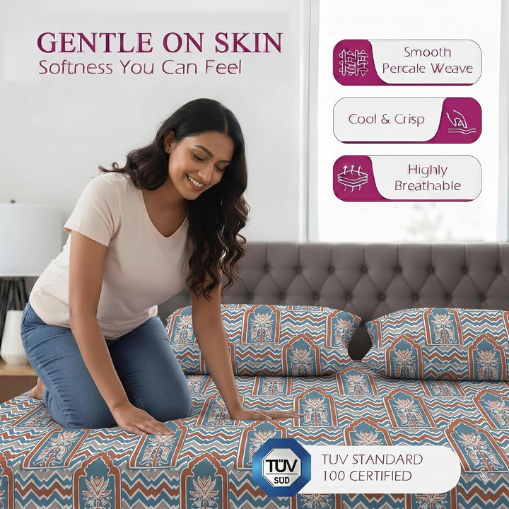 100% Cotton 144TC Printed Fitted Bedsheet with Pillow Covers- Mihrab Collection