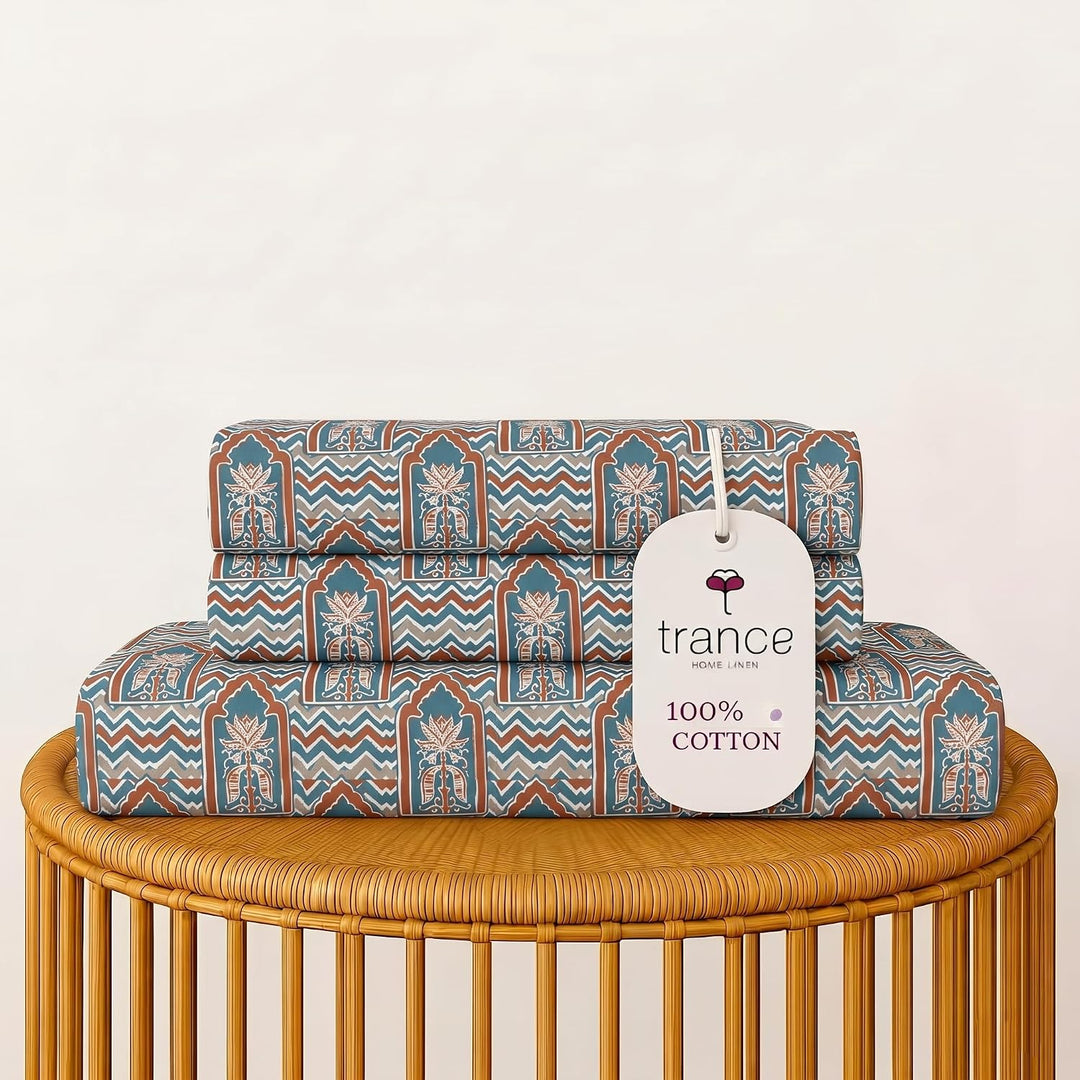 100% Cotton 144TC Printed Fitted Bedsheet with Pillow Covers- Mihrab Collection
