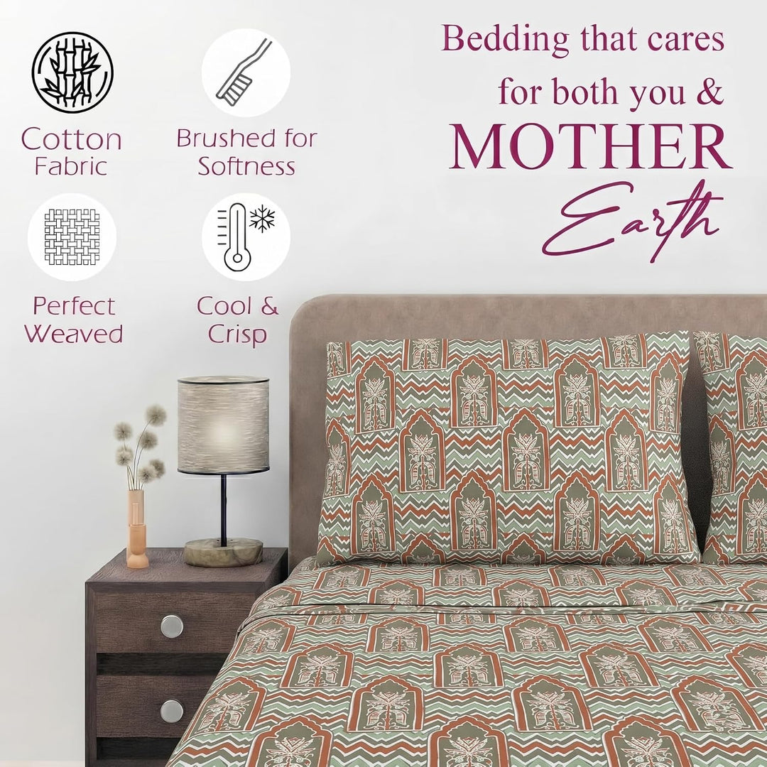 100% Cotton 144TC Printed Fitted Bedsheet with Pillow Covers- Mihrab Collection
