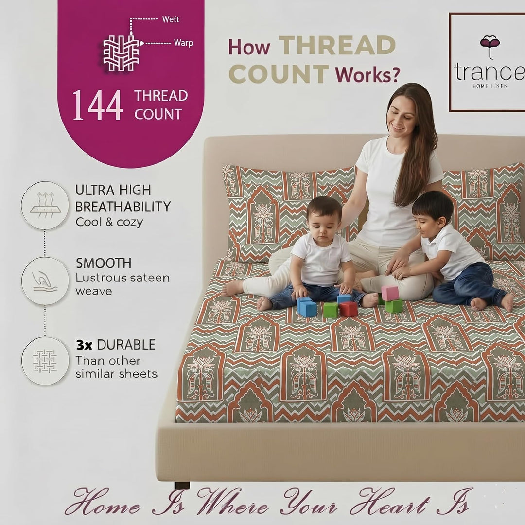 100% Cotton 144TC Printed Fitted Bedsheet with Pillow Covers- Mihrab Collection