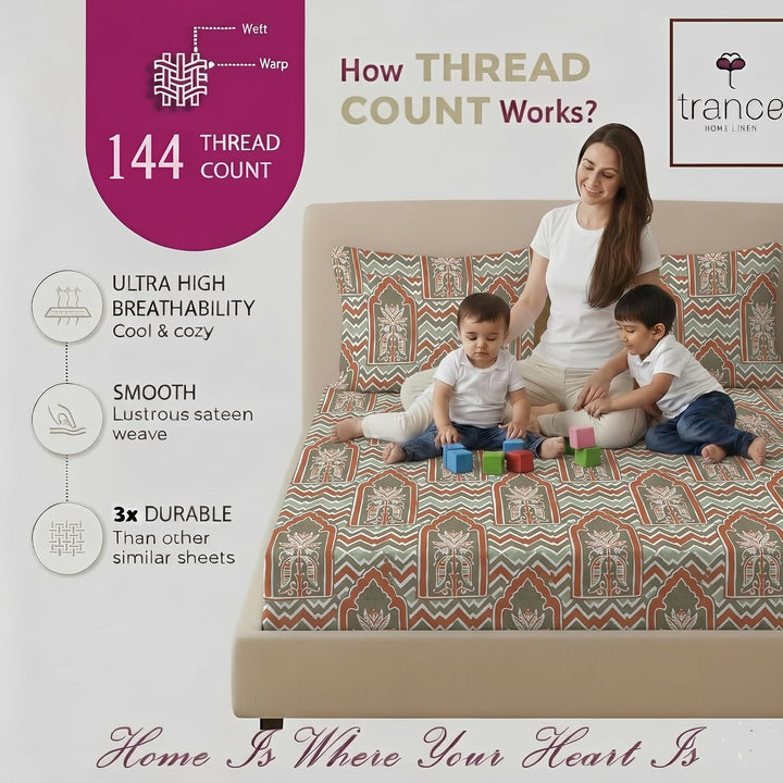 100% Cotton 144TC Printed Fitted Bedsheet with Pillow Covers- Mihrab Collection