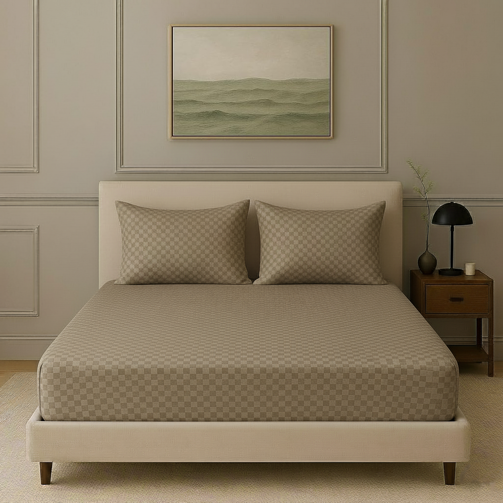 300TC 100% Cotton Jacquard Weave Fitted Bedsheet with Pillow Covers - Mocha