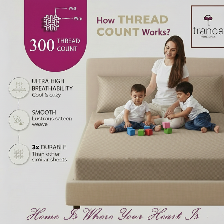 300TC 100% Cotton Jacquard Weave Fitted Bedsheet with Pillow Covers - Mocha