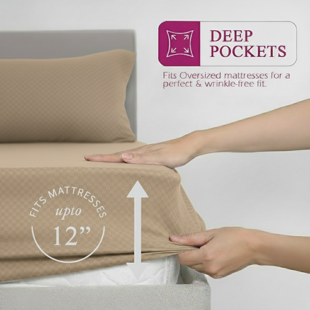 300TC 100% Cotton Jacquard Weave Fitted Bedsheet with Pillow Covers - Mocha