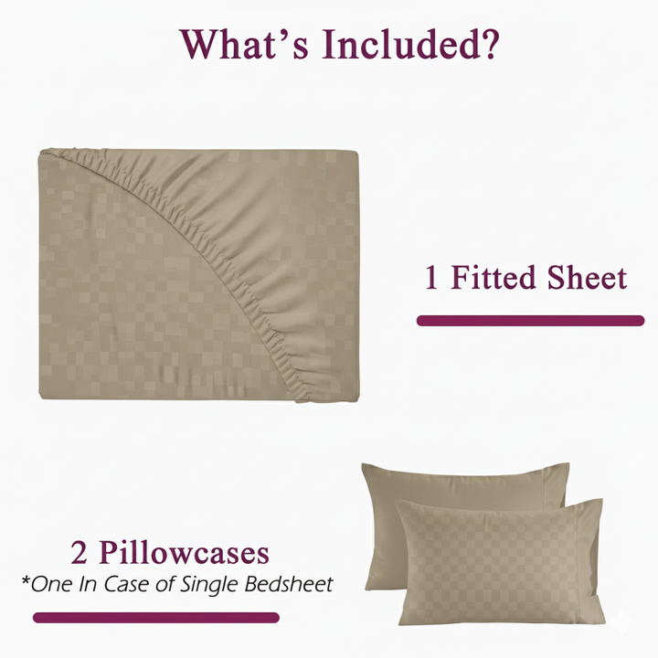 300TC 100% Cotton Jacquard Weave Fitted Bedsheet with Pillow Covers - Mocha