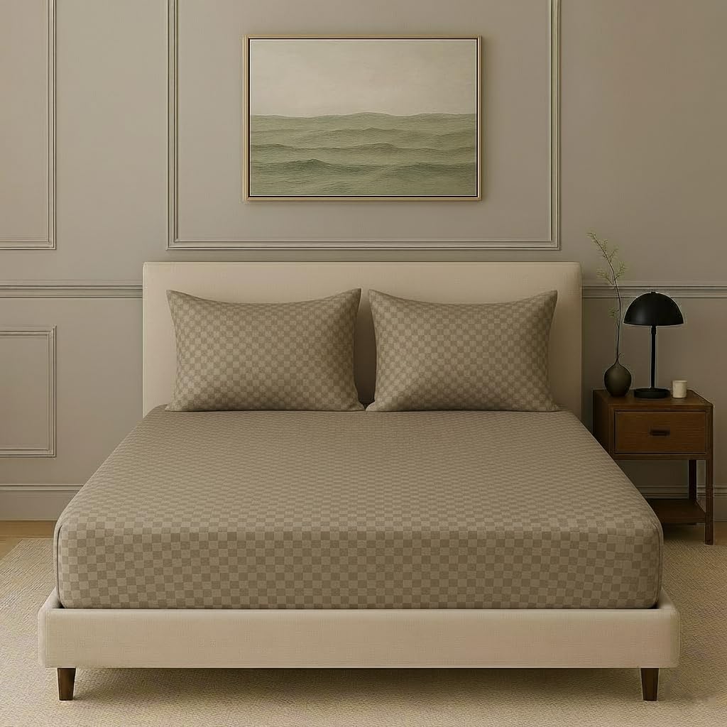 300TC 100% Cotton Jacquard Weave Checks Single Fitted Bedsheet with Pillow Cover
