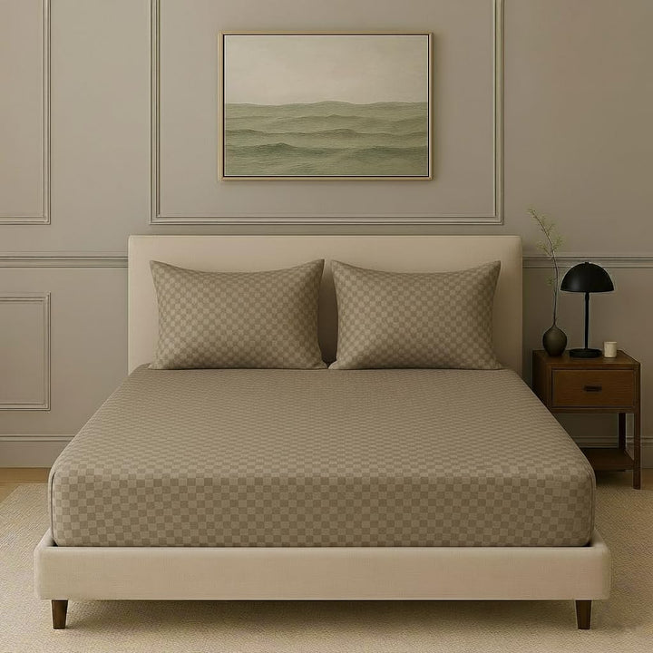 300TC 100% Cotton Jacquard Weave Checks Single Fitted Bedsheet with Pillow Cover