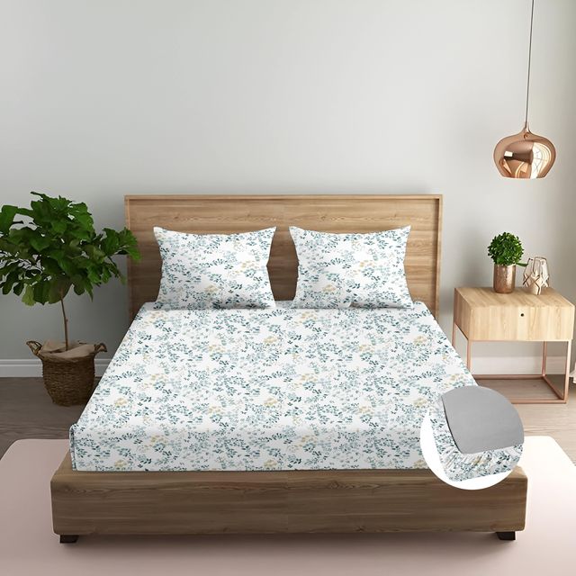 100% Cotton 210 TC Cotton Printed Fitted Bedsheet with Pillow Covers - Daisy Shower