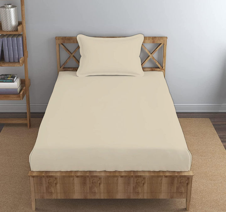 Cotton Plain Single Size Fitted Bedsheet with 1 Pillow Cover (100% Cotton & 400 TC)