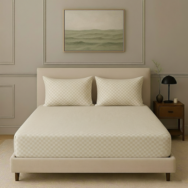 300TC 100% Cotton Jacquard Weave Fitted Bedsheet with Pillow Covers - Pearl