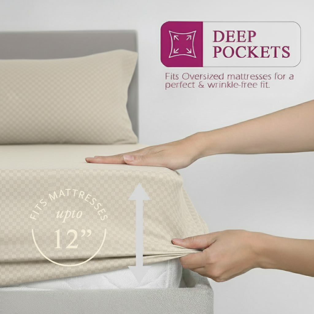 300TC 100% Cotton Jacquard Weave Fitted Bedsheet with Pillow Covers - Pearl