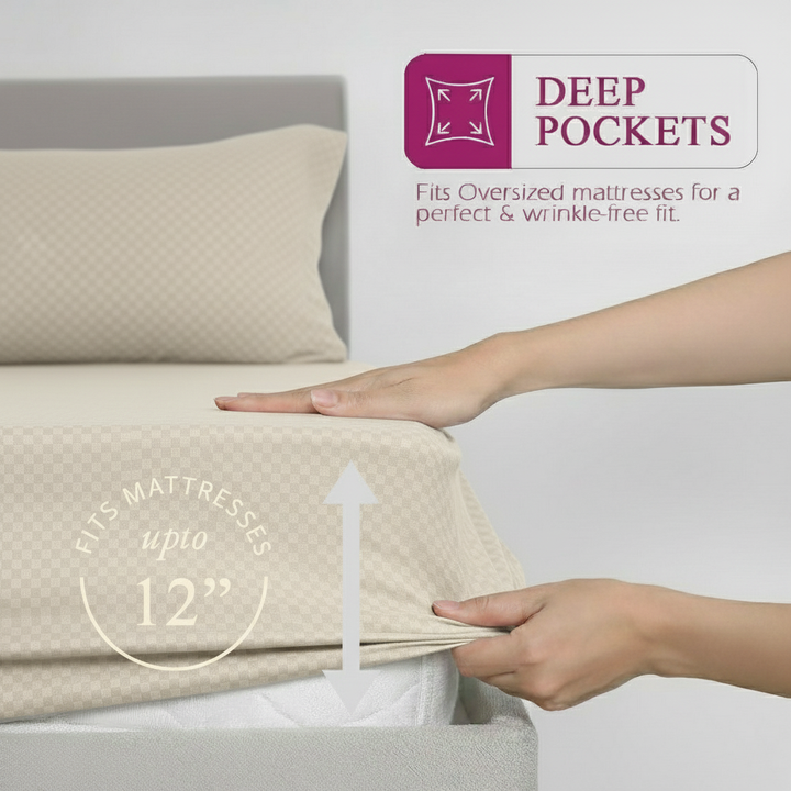 300TC 100% Cotton Jacquard Weave Fitted Bedsheet with Pillow Covers - Pearl