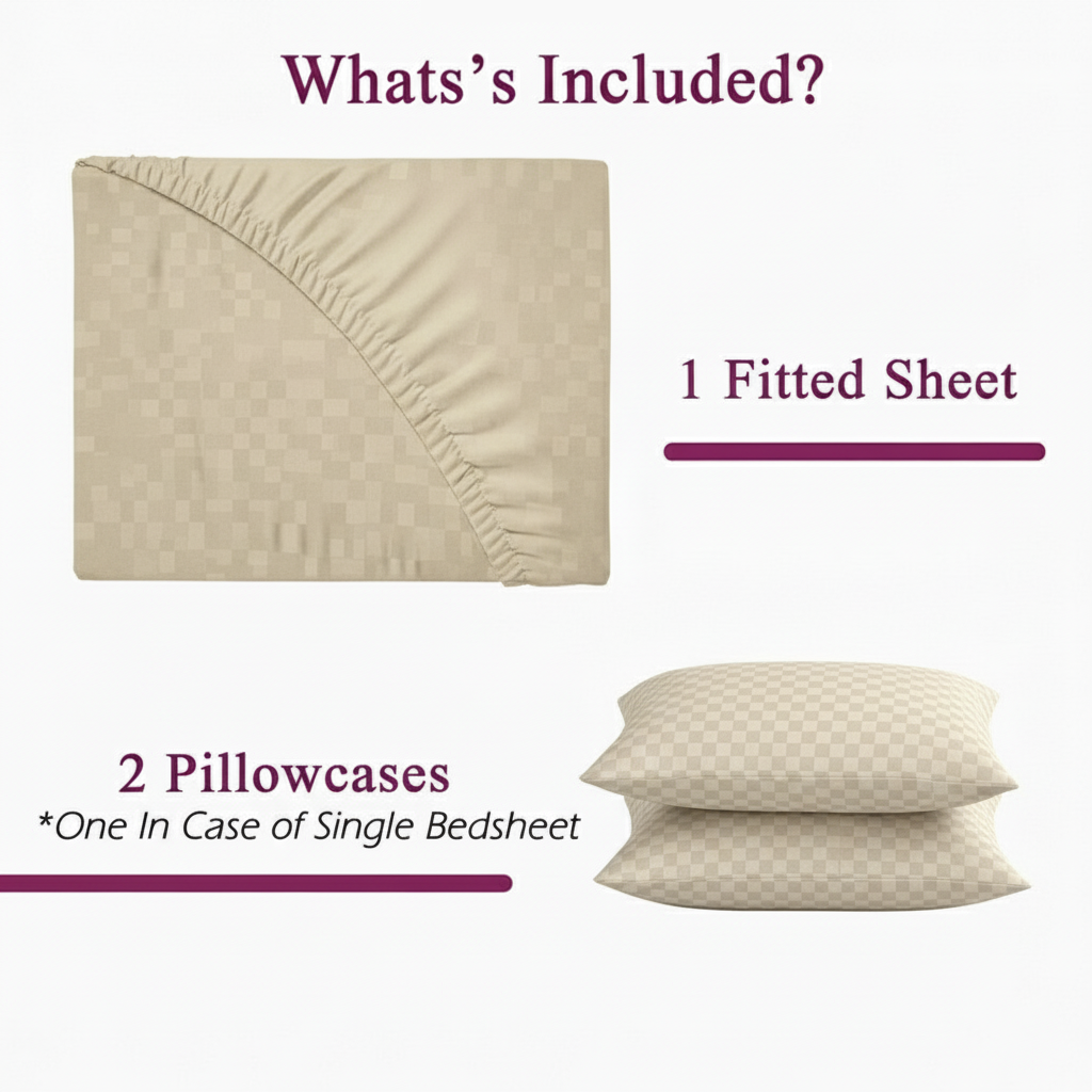 300TC 100% Cotton Jacquard Weave Fitted Bedsheet with Pillow Covers - Pearl