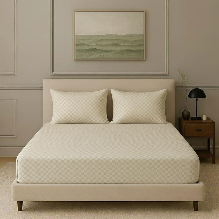 300TC 100% Cotton Jacquard Weave Checks Single Fitted Bedsheet with Pillow Cover