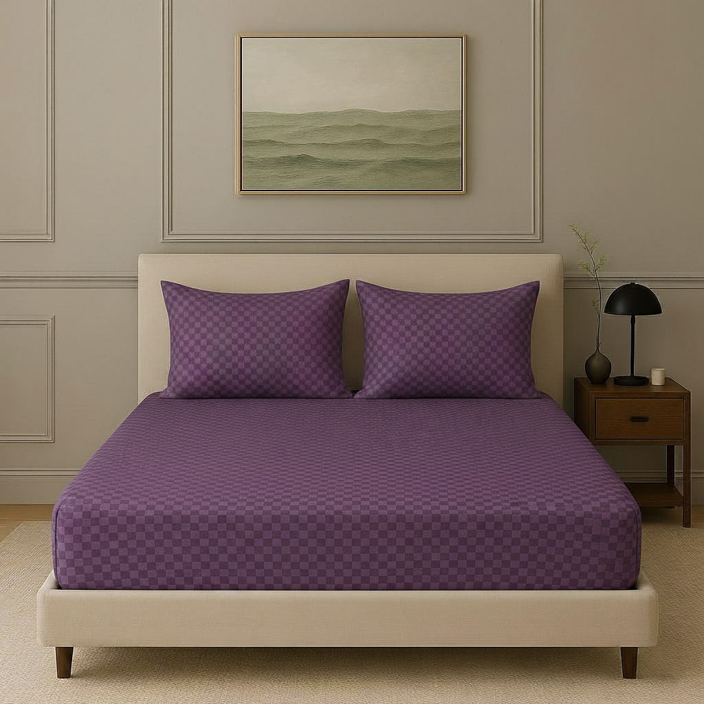 300TC 100% Cotton Jacquard Weave Fitted Bedsheet with Pillow Covers - Plum