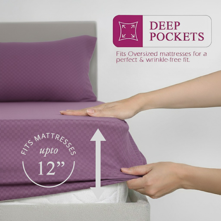 300TC 100% Cotton Jacquard Weave Fitted Bedsheet with Pillow Covers - Plum