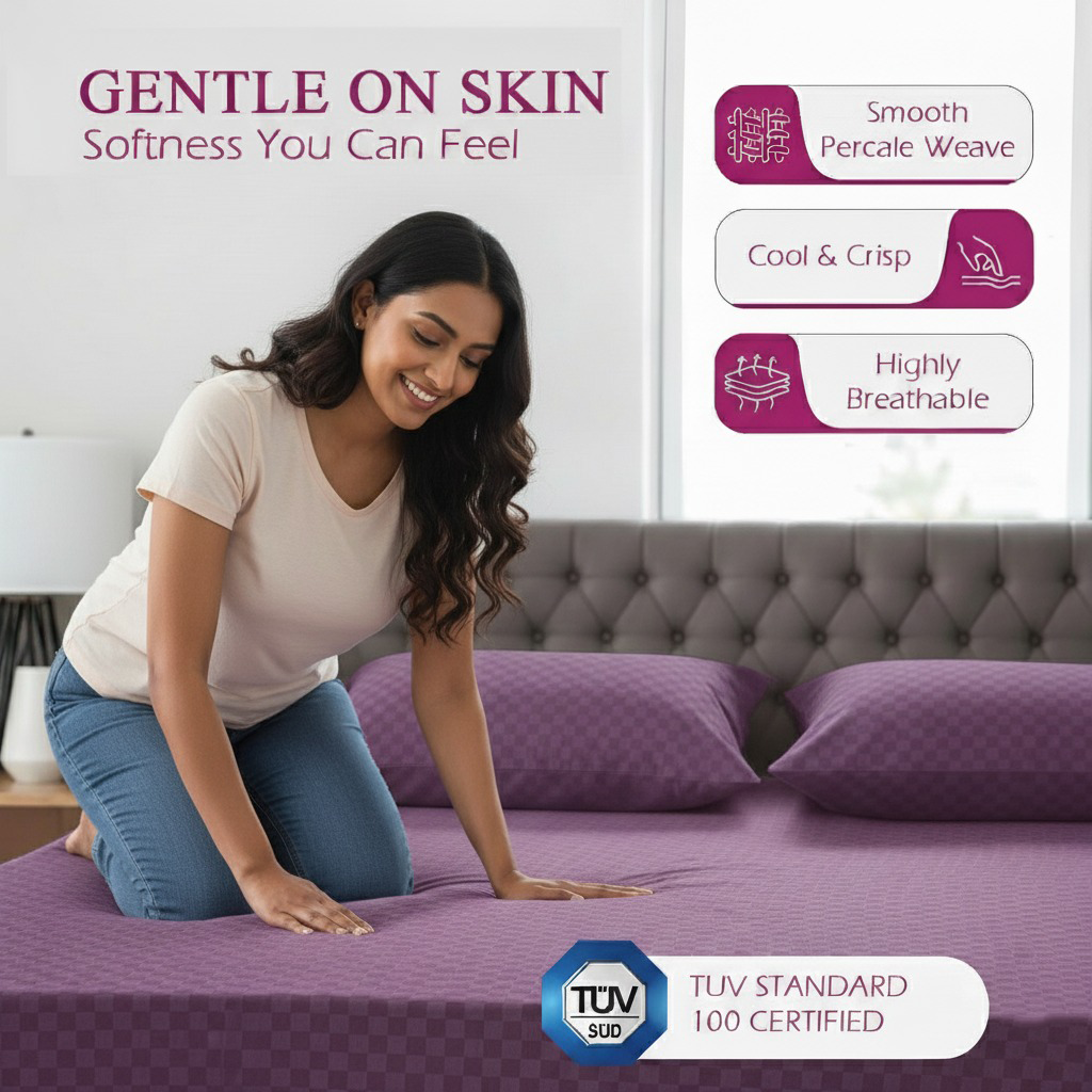 300TC 100% Cotton Jacquard Weave Fitted Bedsheet with Pillow Covers - Plum