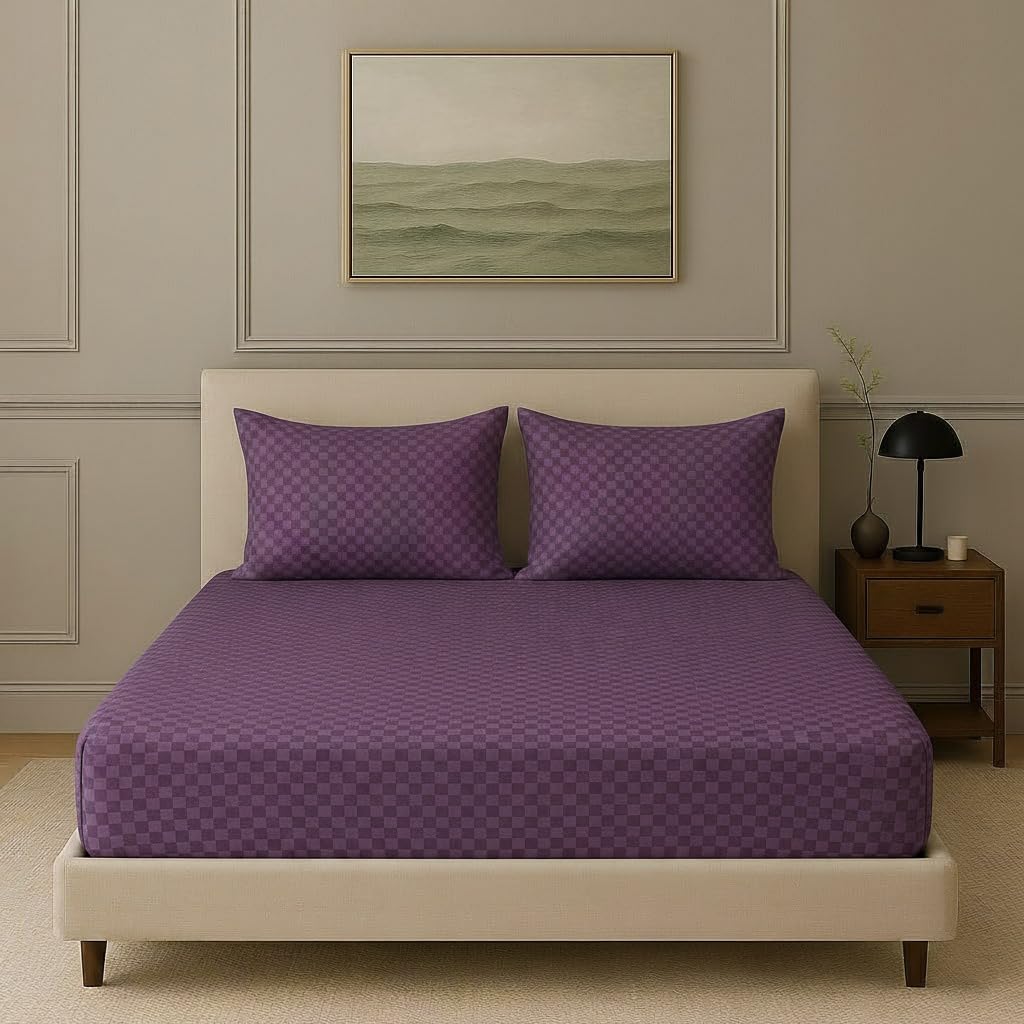 300TC 100% Cotton Jacquard Weave Checks Single Fitted Bedsheet with Pillow Cover