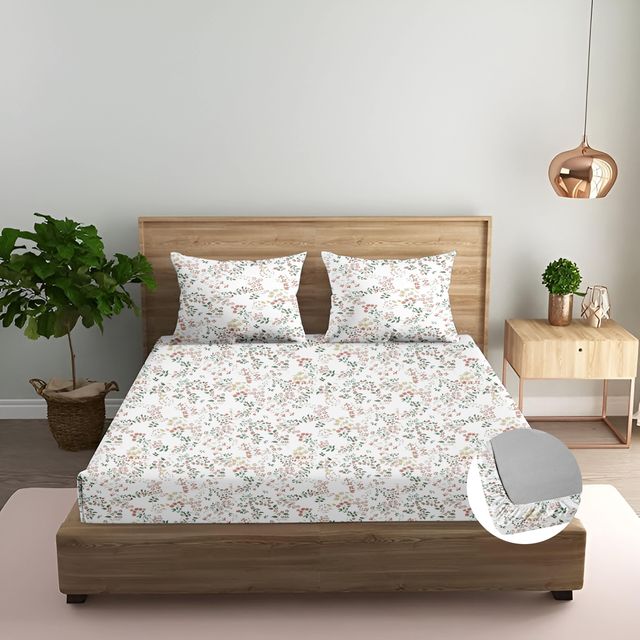 100% Cotton 210 TC Cotton Printed Fitted Bedsheet with Pillow Covers - Daisy Shower