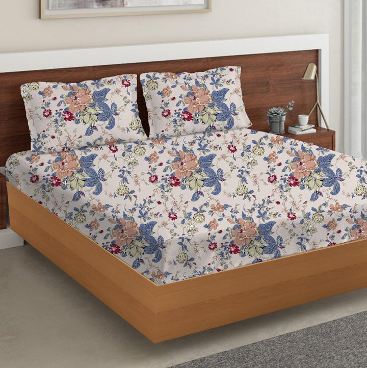 180TC 100% Cotton Printed Fitted Bedsheet with Pillow Cover