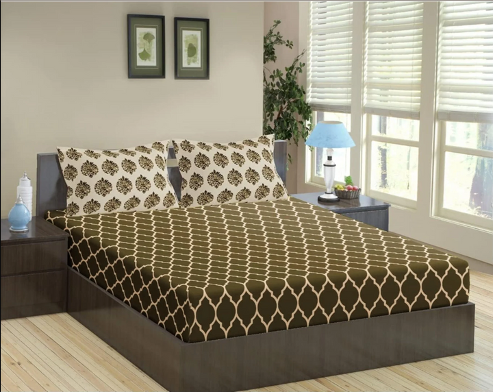 100% Cotton & 180 TCCotton Printed Fitted Bedsheet with 2 Pillow Covers ( Dori & Damask )