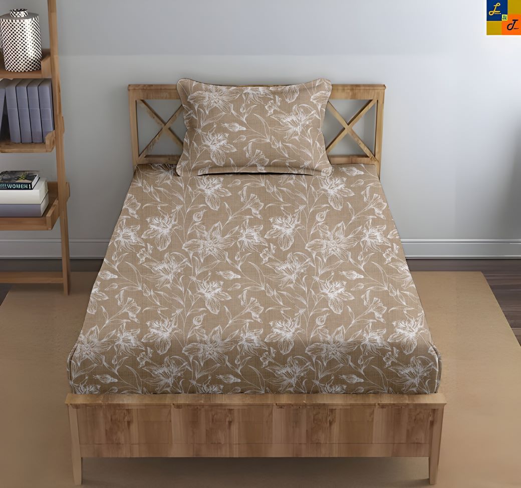 100% Cotton 144TC Printed Fitted Bedsheet with Pillow Covers - Serenity collection
