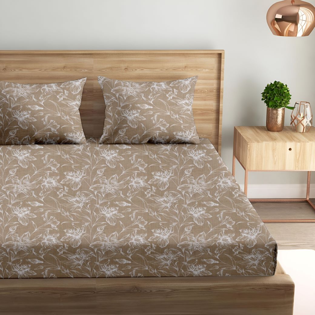 100% Cotton 144TC Printed Fitted Bedsheet with Pillow Covers - Serenity collection