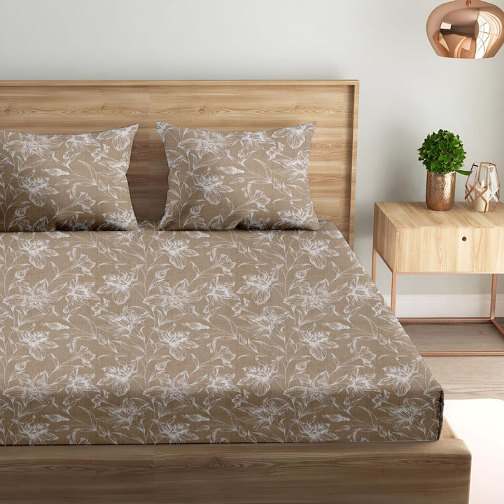 100% Cotton 144TC Printed Fitted Bedsheet with Pillow Covers - Serenity collection