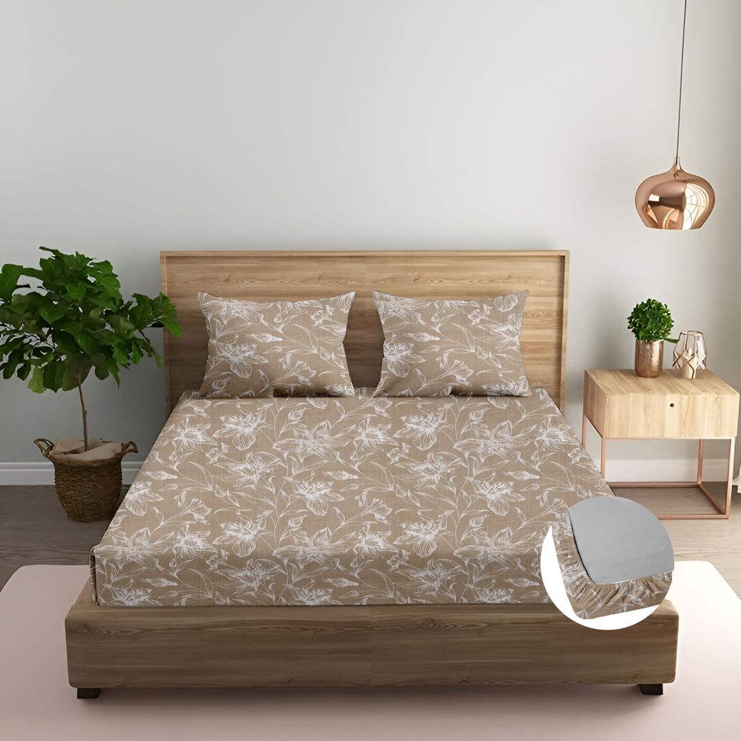 100% Cotton 144TC Printed Fitted Bedsheet with Pillow Covers - Serenity collection
