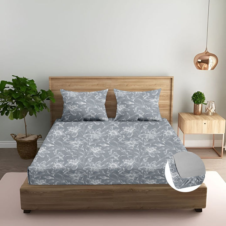 100% Cotton 144TC Printed Fitted Bedsheet with Pillow Covers - Serenity collection