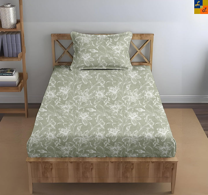 100% Cotton 144TC Printed Flat Bedsheet with Pillow Covers - Serenity
