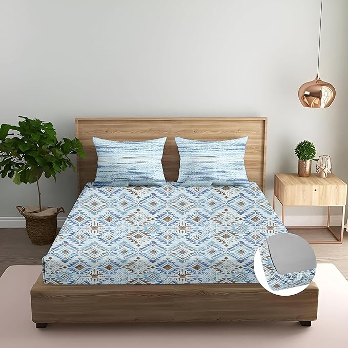 100% Cotton 180 TC Cotton Printed Fitted Bedsheet with Pillow Covers -Silken Mosaic