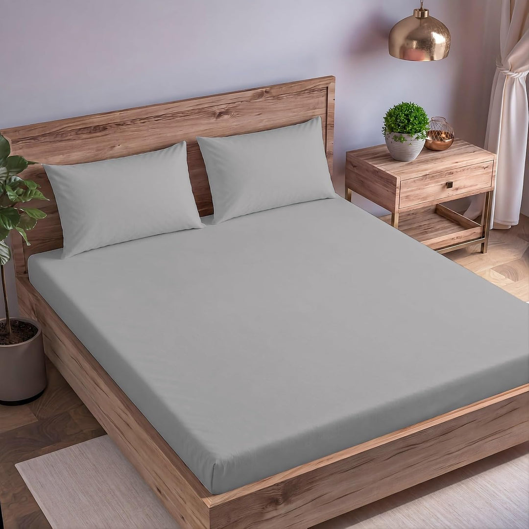 Cotton Queen  Percale Fitted Bedsheet with 2 Pillow Cover (100% Cotton & 200 TC)