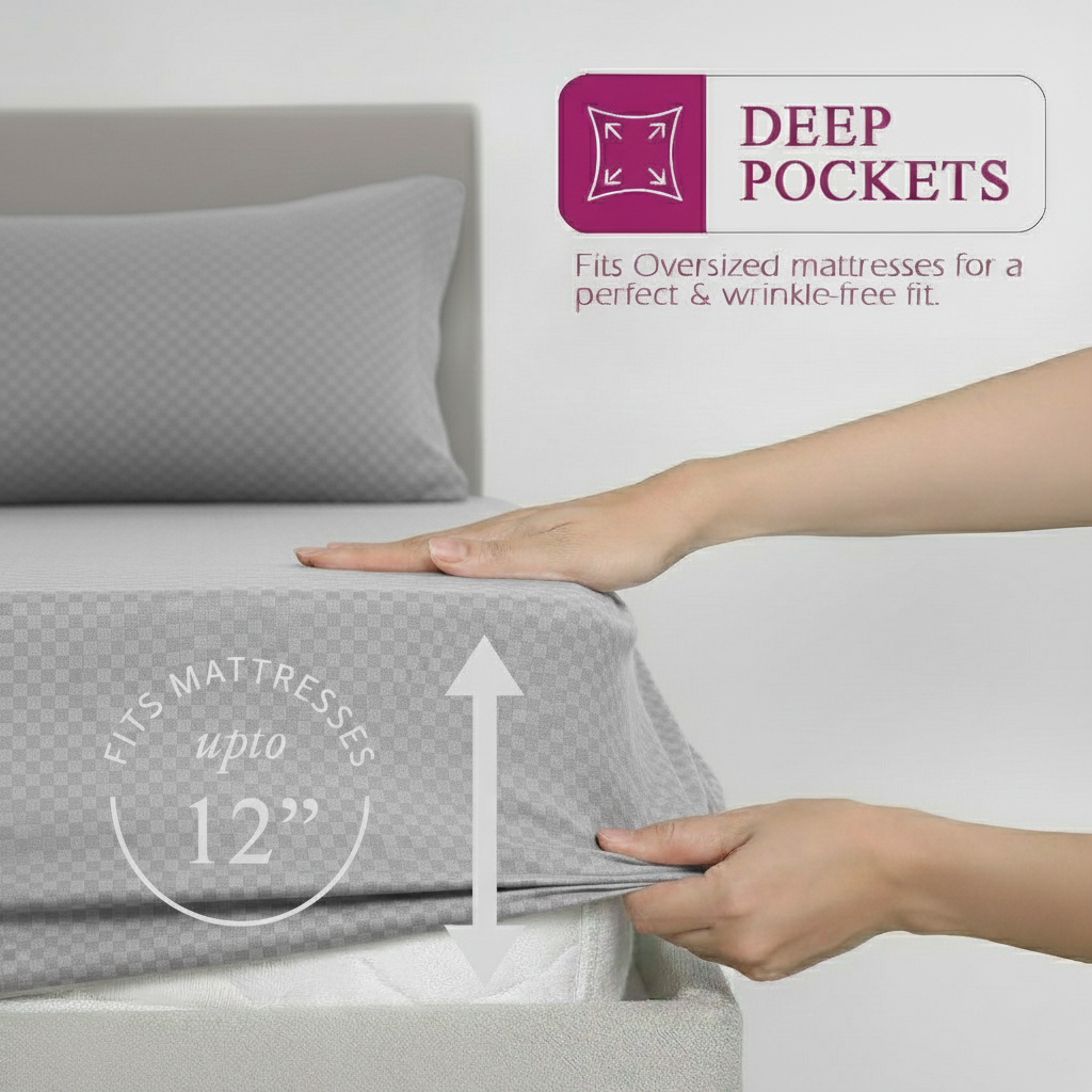 300TC 100% Cotton Jacquard Weave Fitted Bedsheet with Pillow Covers - Silver Grey