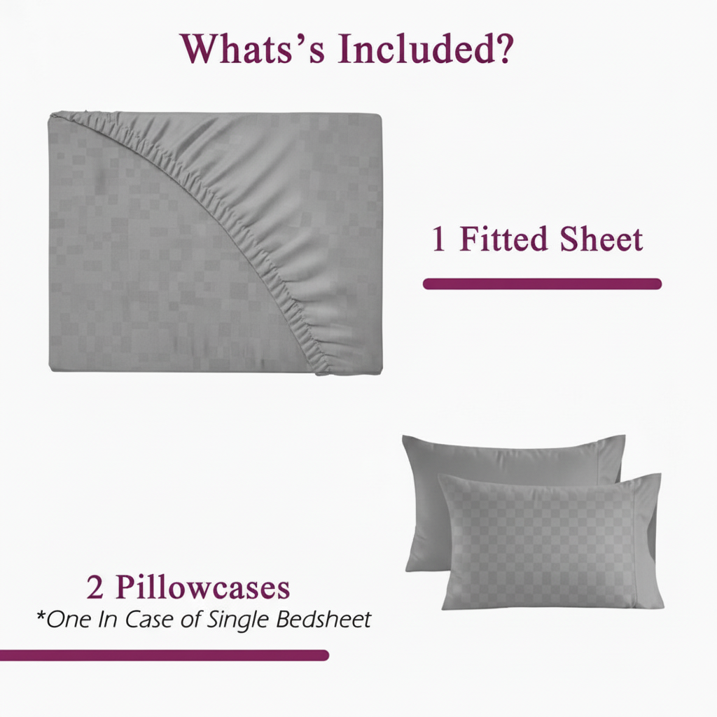 300TC 100% Cotton Jacquard Weave Fitted Bedsheet with Pillow Covers - Silver Grey