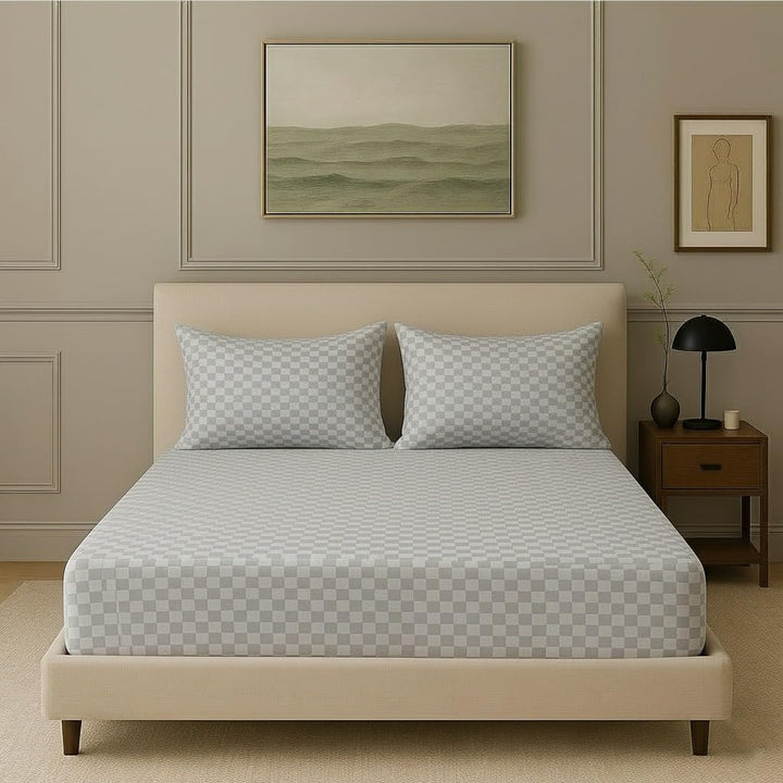 300TC 100% Cotton Jacquard Weave Checks Single Fitted Bedsheet with Pillow Cover