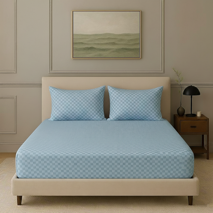 300TC 100% Cotton Jacquard Weave Fitted Bedsheet with Pillow Covers - Slate Blue